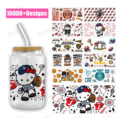 Hello Kitty 16 oz Baseball Sport Balls UV DTF Transfer Cup Wrap Sticker per Tumbler di vetro Disegni personalizzati